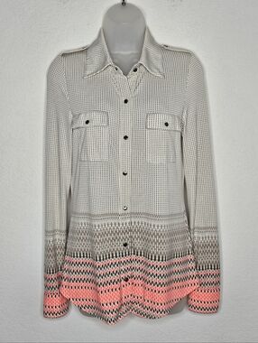 BCBG MaxAzria Coral Cream Geometric Stripe Dotted Print Button Down Shirt Office